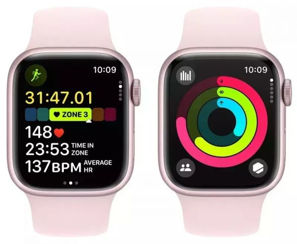 Apple Watch Series 9 GPS 45mm Pink Aluminum Case w. Light Pink Sport Band - M/L (MR9H3)