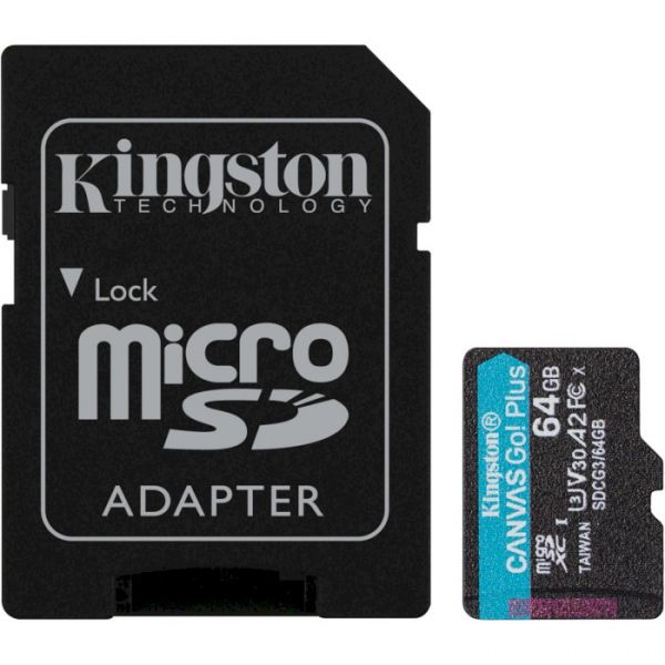 Карта пам'яті Kingston 64 GB microSDXC class 10 UHS-I U3 Canvas Go! Plus + SD Adapter (SDCG3/64GB)