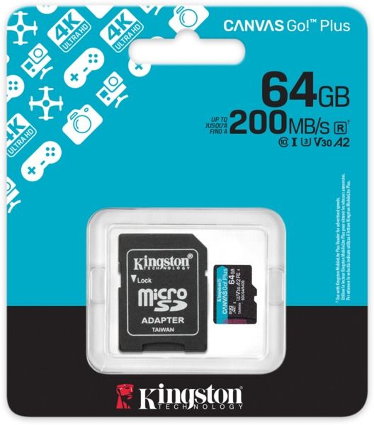 Карта пам'яті Kingston microSD 64GB C10 UHS-I U3 A2 V30 R200MB/s + SD