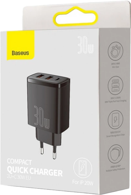 Мережевий зарядний пристрій Baseus Compact Quick Charger 2U + C 30W EU Black