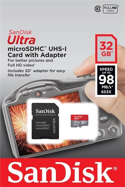 Карта пам'яті SanDisk microSD 32GB C10 UHS-I R100MB/s Ultra + SD