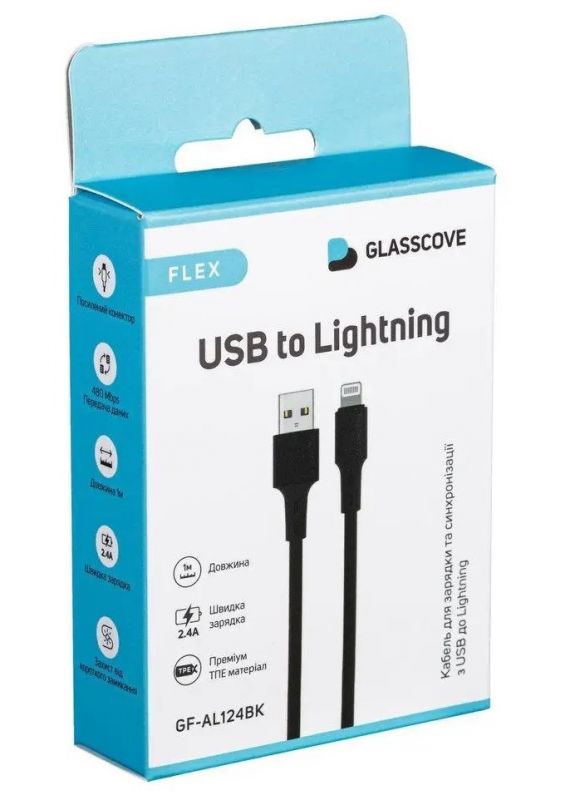 Кабель Glasscove FLEX USB - Lightning 2.4A 1m (GF-AL124BK) Black