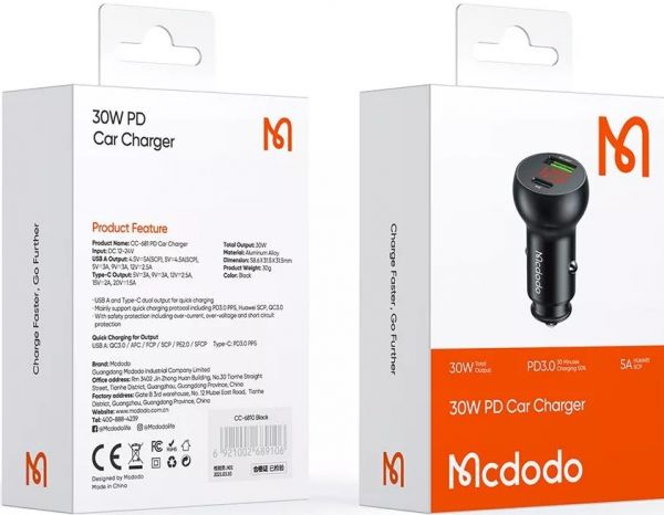 Зарядний пристрій McDodo Mushrooms Series PD 30W Car Charger with Digital Display CC-6810 Black