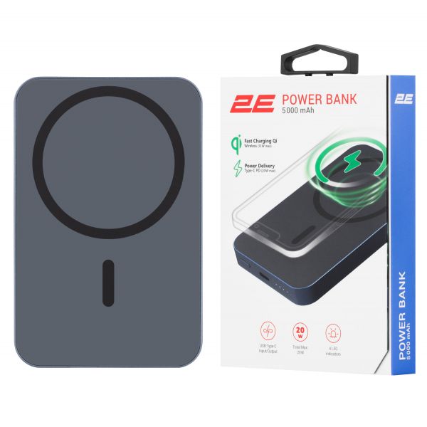 Акумулятор портативний літій-іонний Power Bank 2E Wireless QI 5000мА·год, 20Вт, P (синій)