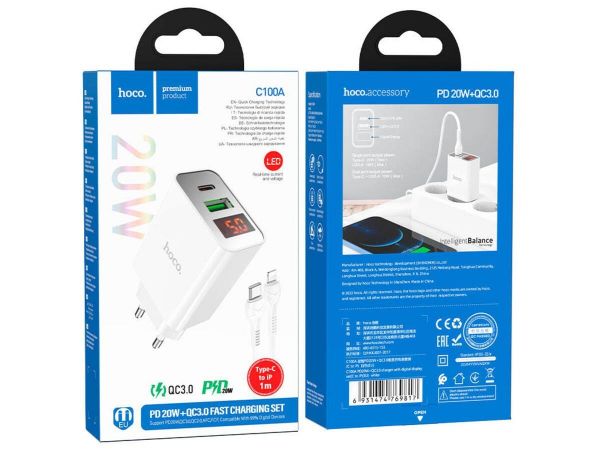 СЗУ Hoco C100A PD20W + QC3.0 charger with digital display ( EU ) White