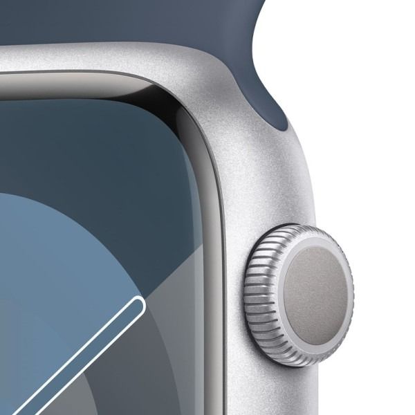 Apple Watch Series 9 GPS 45mm Silver Aluminum Case w. Storm Blue Sport Band - S/M (MR9D3)