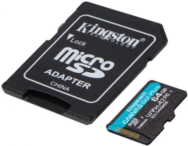 Карта пам'яті Kingston microSD 64GB C10 UHS-I U3 A2 V30 R200MB/s + SD