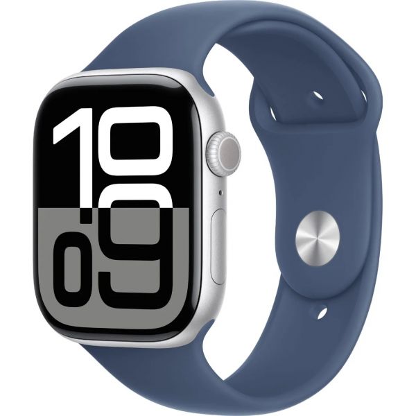 Apple Watch Series 10 GPS 46mm Silver Aluminum Case with Denim Sport Band S/M MWWL3