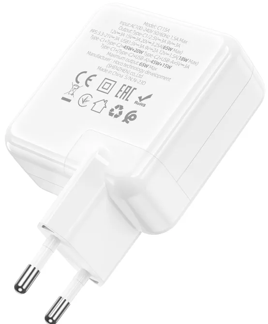 Зарядний пристрій Hoco C115A Header PD65W three-port (2C1A) charger (EU) White